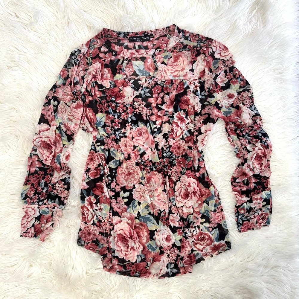 Kim & Cami Pink and Black Floral Blouse